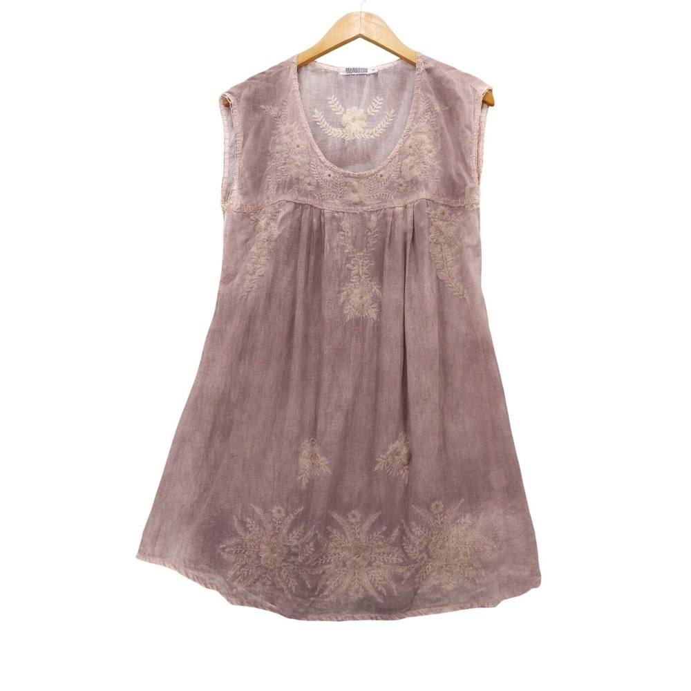 Monoreno Tunic Dress Women Medium Pink Embroidered Sleeveless Boho Cotton